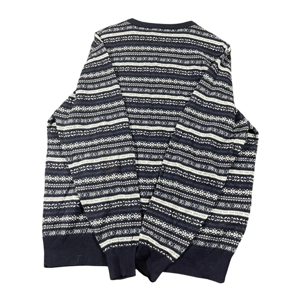 JOS A BANK Mens L V-Neck Fair‎ Isle Sweater 80 Lambswool Navy White